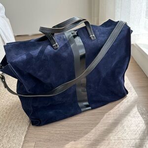 Clare v navy suede simple tote with black shine and black matte stripes